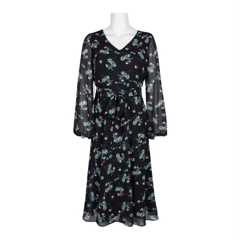 Evan Picone V-Neck Long Sleeve Tie Front Zipper Back Floral Print Chiffon Dress